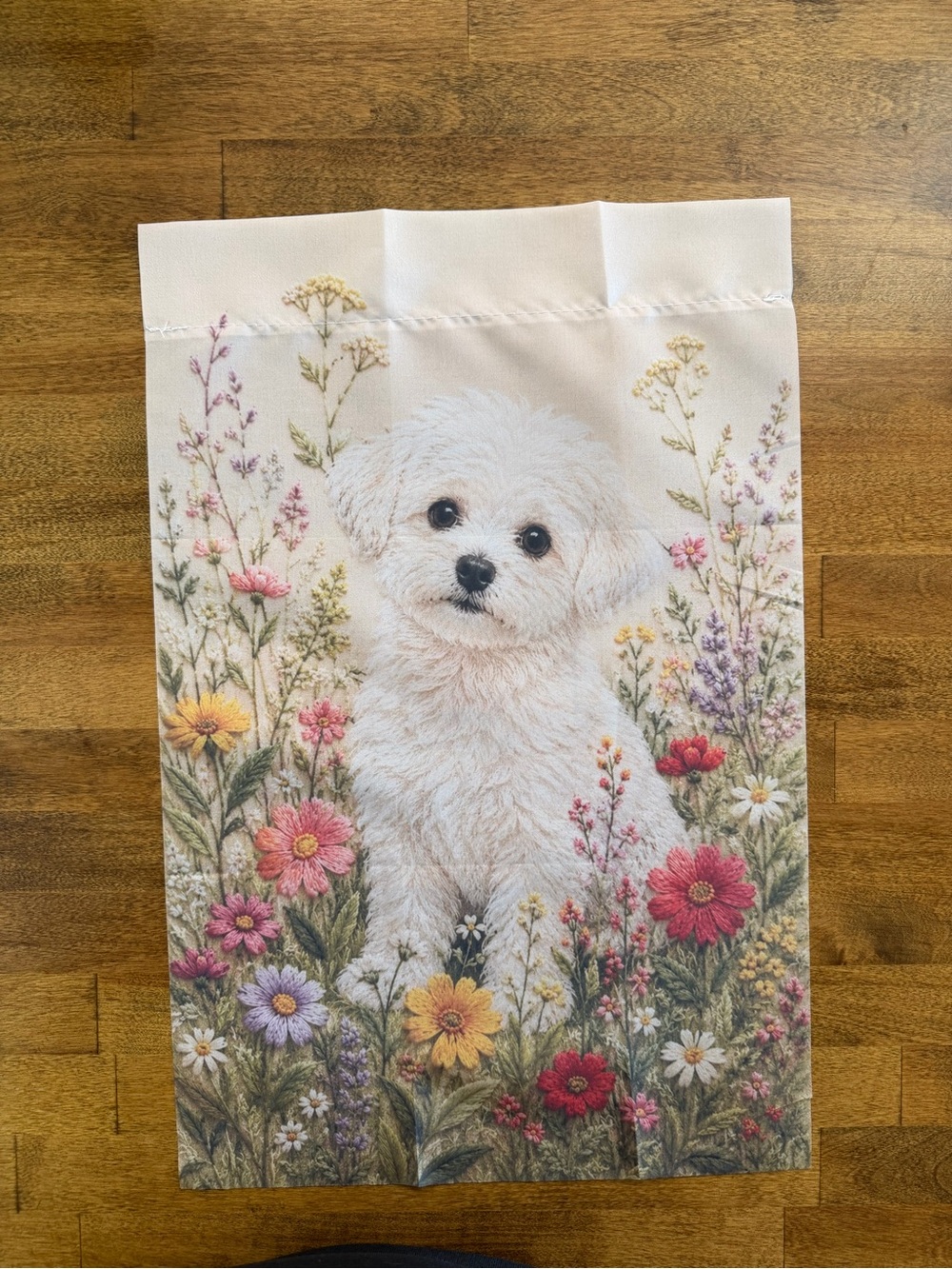 Small White Puppy Floral Pet garden Flag -